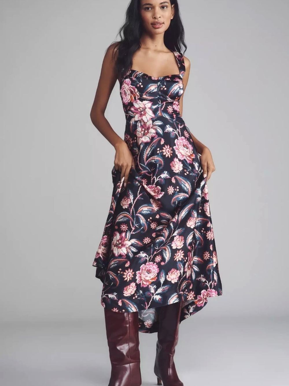 NWT Maeve Floral Satin Midi Dress with Pink Bouquet Print Anthropologie